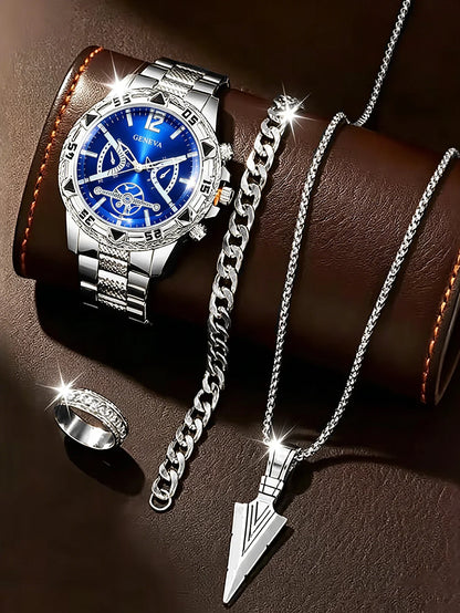Men 3Pcs Geneva Watch Jewelry Set Blue Dial Quartz Wrist Watch Spear Necklace Rhinestone Ring, Boxes Not Included