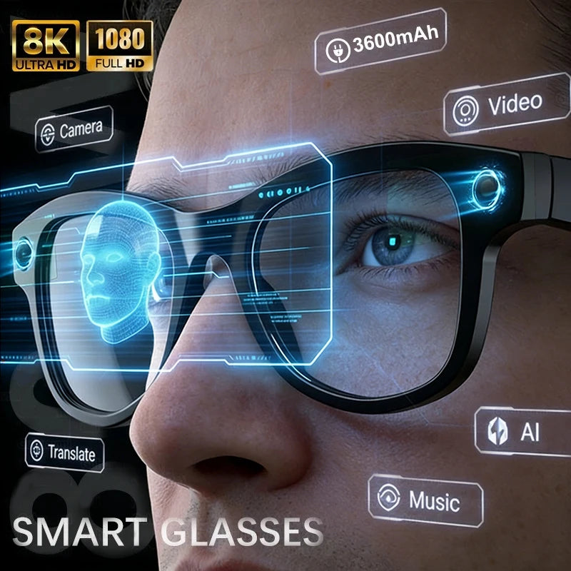 2026 AI Smart Glasses M02 Ultra 1080P HD Camera ChatGPT 3600mAh Charging Case Power Bank 32GB Translation Music Video Sunglasse