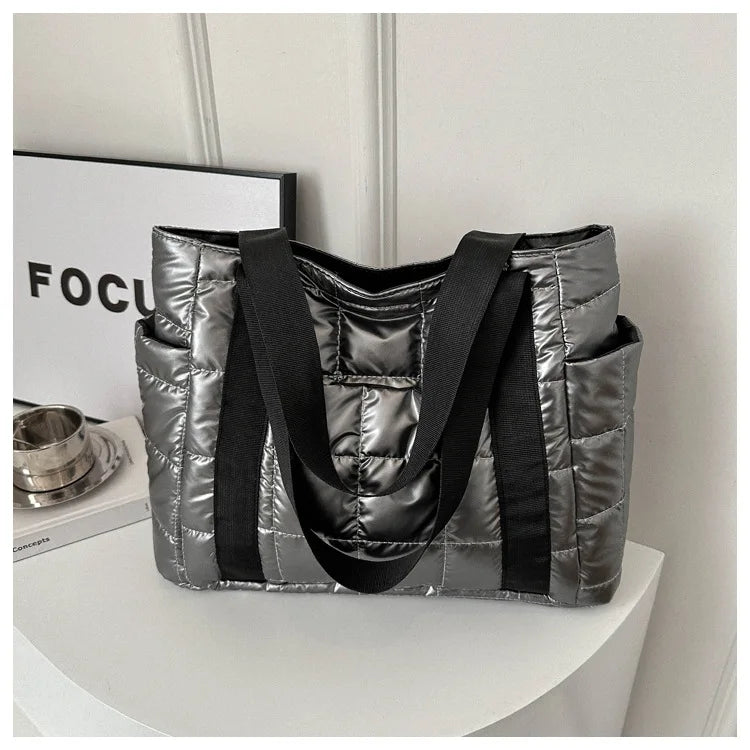 Space Padded Women Shoulder Bags For Winter 2025 Large Capacity Black Handbags Designer Nylon Cotton Warm Tote Solid