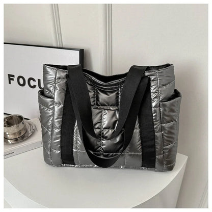Space Padded Women Shoulder Bags For Winter 2025 Large Capacity Black Handbags Designer Nylon Cotton Warm Tote Solid
