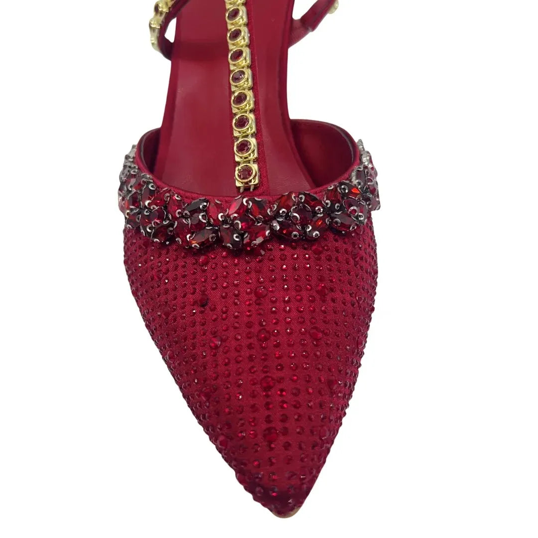 Insightlink Luxury Red Rhinestone Slingback Heels Bow Clutch Set Pointed Toe Shoes for Women Wedding Party Banquet Formal Event