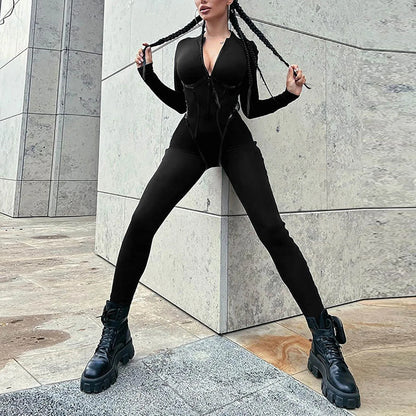 Women'S Deep V Tight Jumpsuit Long Sleeve Sports Jumpsuit With Zip Playsuits Sporty Romper Female Elastic High Waist Jumpsuits