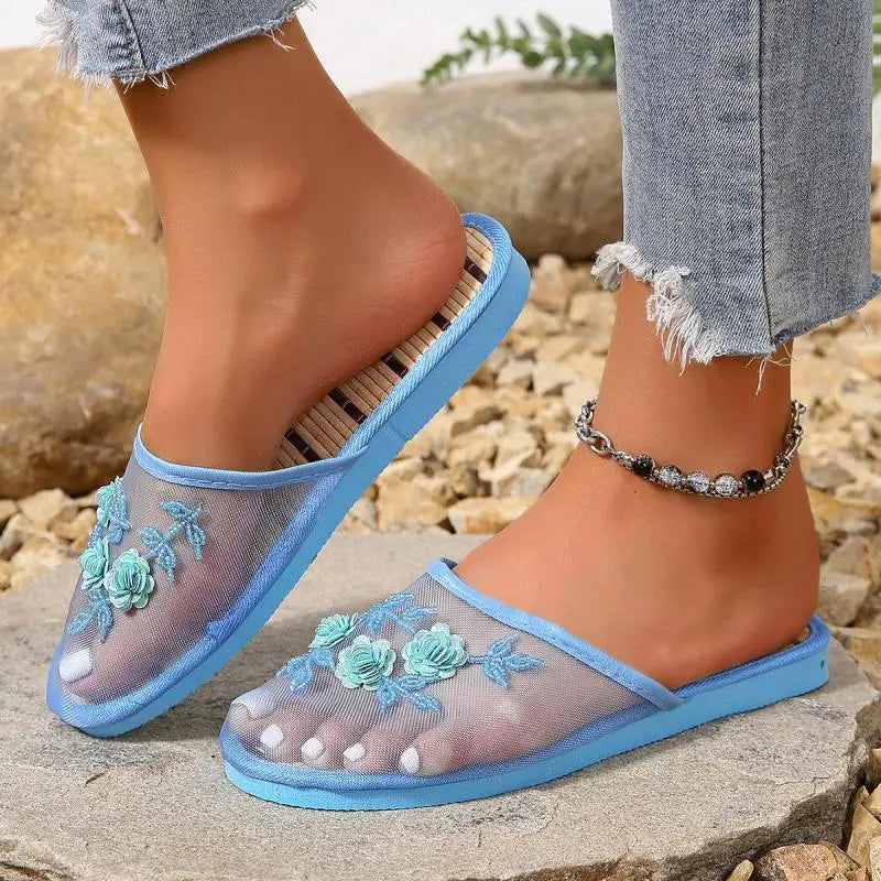 Mesh Breathable Embroider Sequin Flower Mules Shoes Summer Closed Toe Soft Bottom Sandals Female Chinese Style Bamboo Sandals