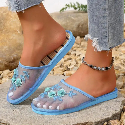 Mesh Breathable Embroider Sequin Flower Mules Shoes Summer Closed Toe Soft Bottom Sandals Female Chinese Style Bamboo Sandals