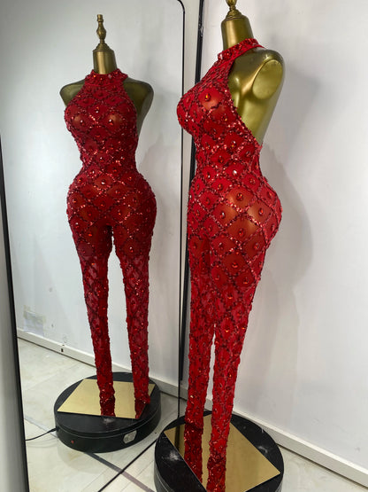 Women Rhinestones Sequines Mesh Bodycon Jumpsuits Sexy Special Occassion Nightclub DJ Dancer Stage Costumes Evening Club Dress
