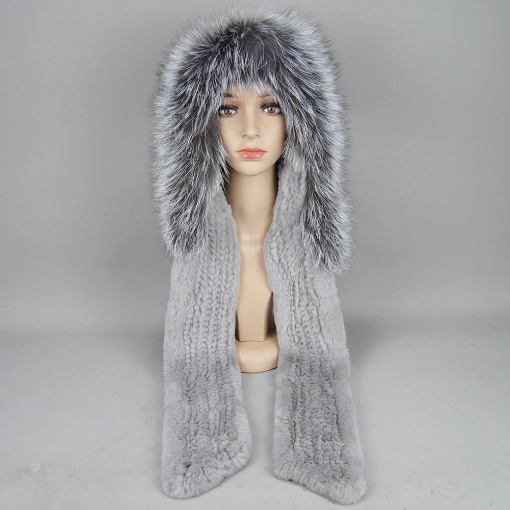 Lady Warm Fluffy Real Rex Rabbit Fur Hat Scarf Luxury Knit Fur Caps Muffler Winter Thick Women 100% Natural Fox Fur Hat Scarves