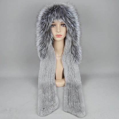 Lady Warm Fluffy Real Rex Rabbit Fur Hat Scarf Luxury Knit Fur Caps Muffler Winter Thick Women 100% Natural Fox Fur Hat Scarves