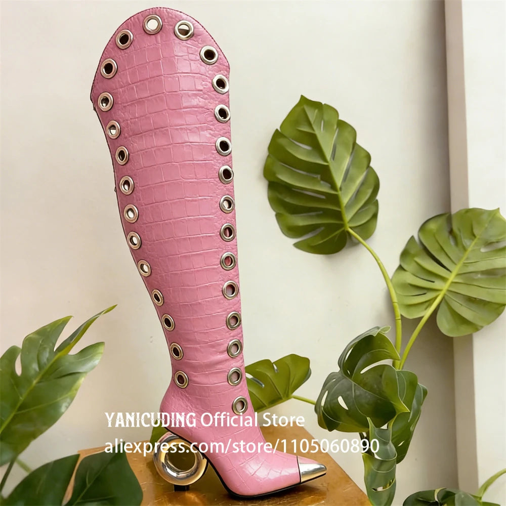 Novelty Circle Heel Knee High Boots Metal Pointed Toe Multiple Eyelet Boots Customizable Multi-color High Heeled Boots for Women