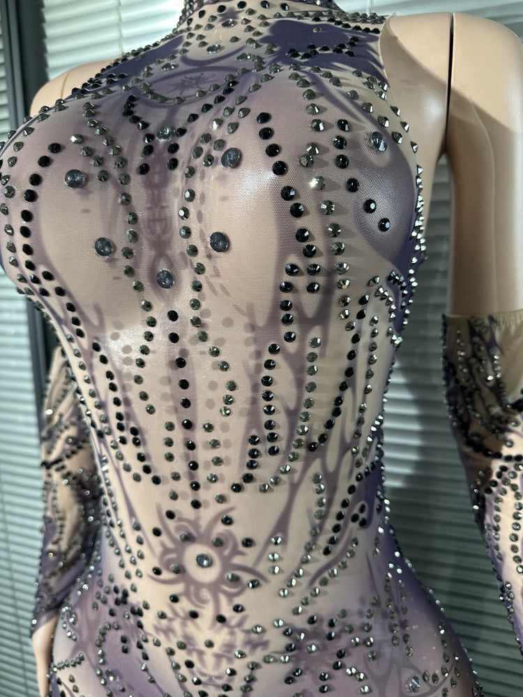 Chic Sheer Mesh Full Body Jumpsuit Women Sexy Rhinestone Embellished High Neck Slim-fit Outfit Nightclub Evening Party Costume