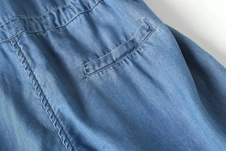 Jumpsuits Women Denim One Piece Turn Down Collar Short Sleeve Loose Casual Wide Leg Long Pants Overalls Tight Waist Rompers