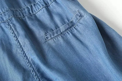Jumpsuits Women Denim One Piece Turn Down Collar Short Sleeve Loose Casual Wide Leg Long Pants Overalls Tight Waist Rompers