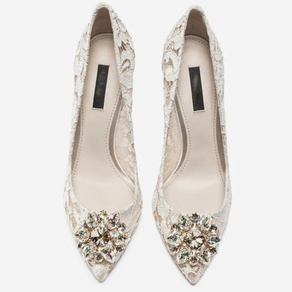 Mesh lace high-heeled shallow mouth shoes 2026 new pointed crystal buckle slim heel fashionable banquet women's single shoes
