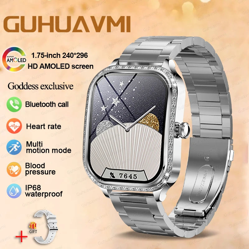 New Fashion Women's Smart Watch Heart Rate 1.75 Inch 240*296 HD Screen Diamond Watch Bluetooth Call Waterproof SmartWatch Ladies