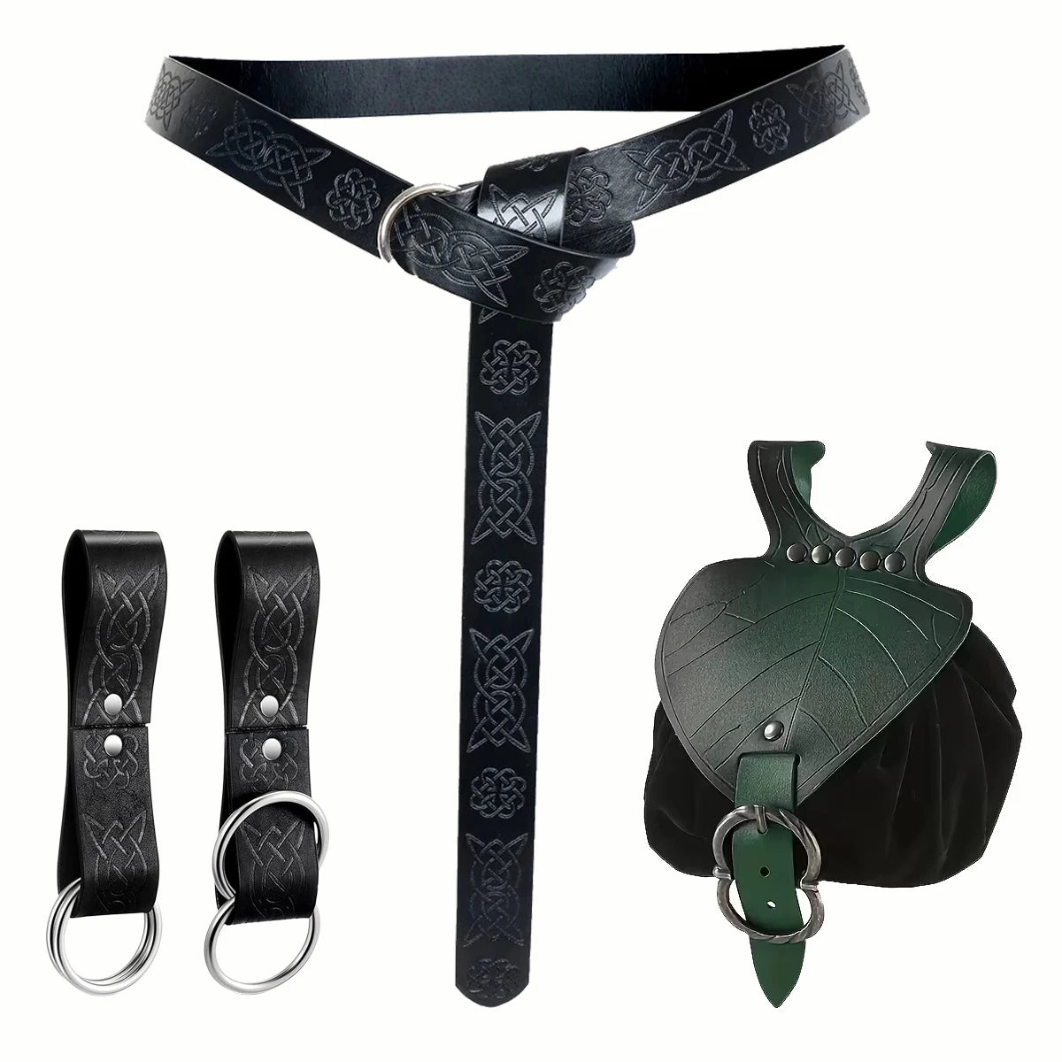 Renaissance Costume Accessories Medieval Retro Leather Waist Belt Leaf-Patterned Coin Purse Magic Potion Bottle Skirt Hike Clip Set for LARP&Cosplay