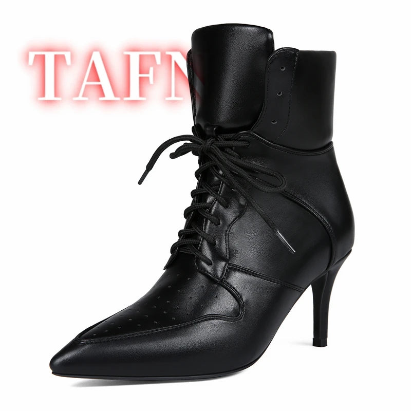 Women's Stitching Lace-Up Short Boots Pointed Toe Stiletto Breathable Casual Party Sports Boots High-heeled Plus Size Shoes 47