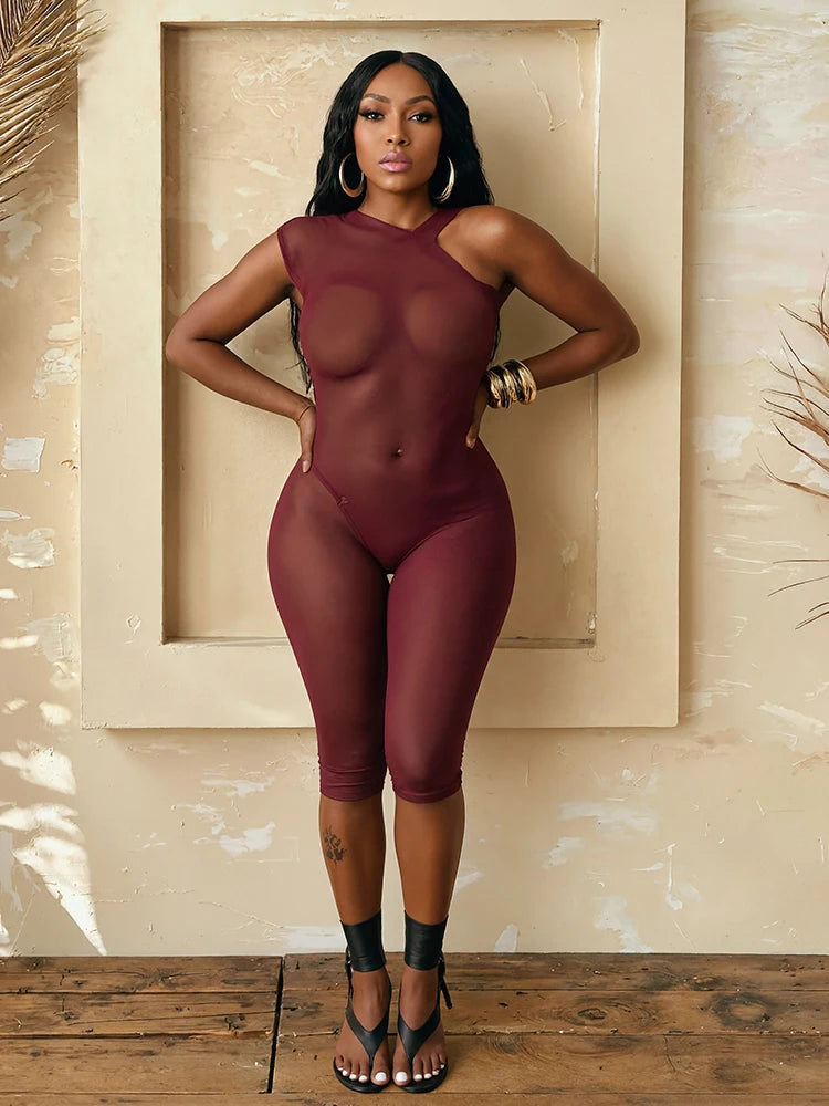 Weird Puss See Through Playsuits Women Solid Irregular Collar Skinny High Elasticity Sexy Midnight Hottie Summer Wild Romper