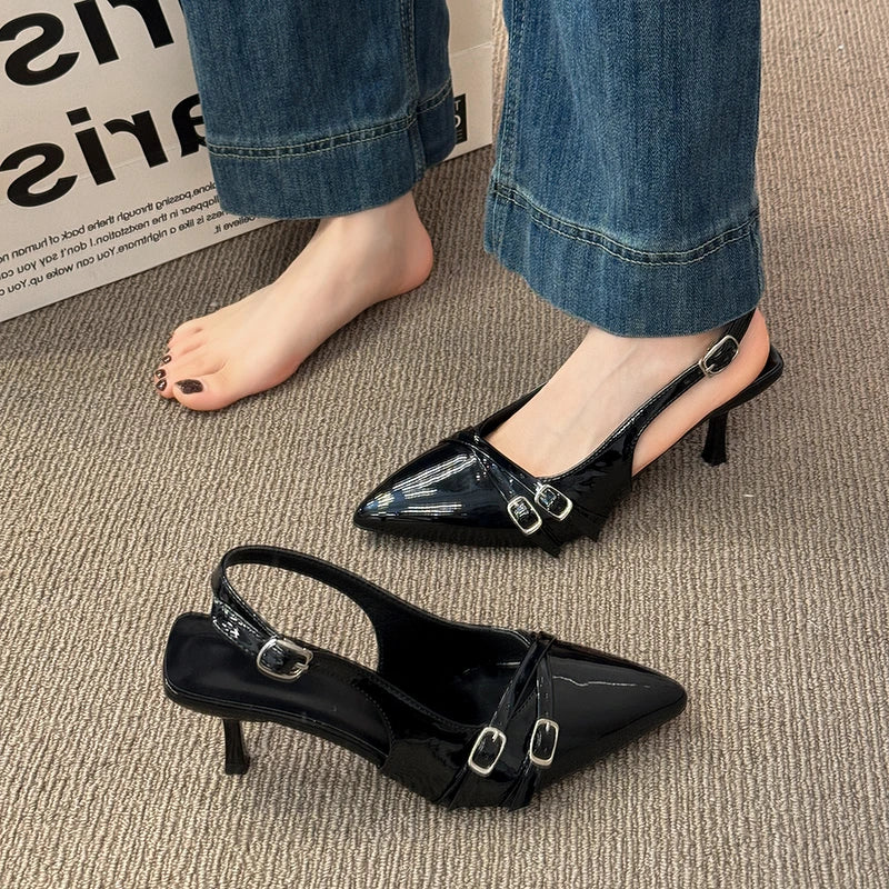 Women's Sandals Leopard Sexy High Heels Shoes Pointed Toe Luxury Pumps Slippers Woman Brand Dress Buckle Ladies De Flip Flops