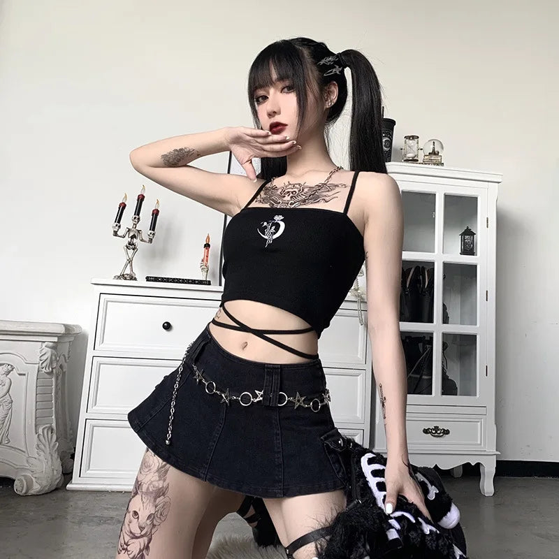 Gothic Women's Print Suspender Sleeveless Square Neck Slim Crop Top Sexy Halter Bottoming Shirt 2022 Girls Party Wear