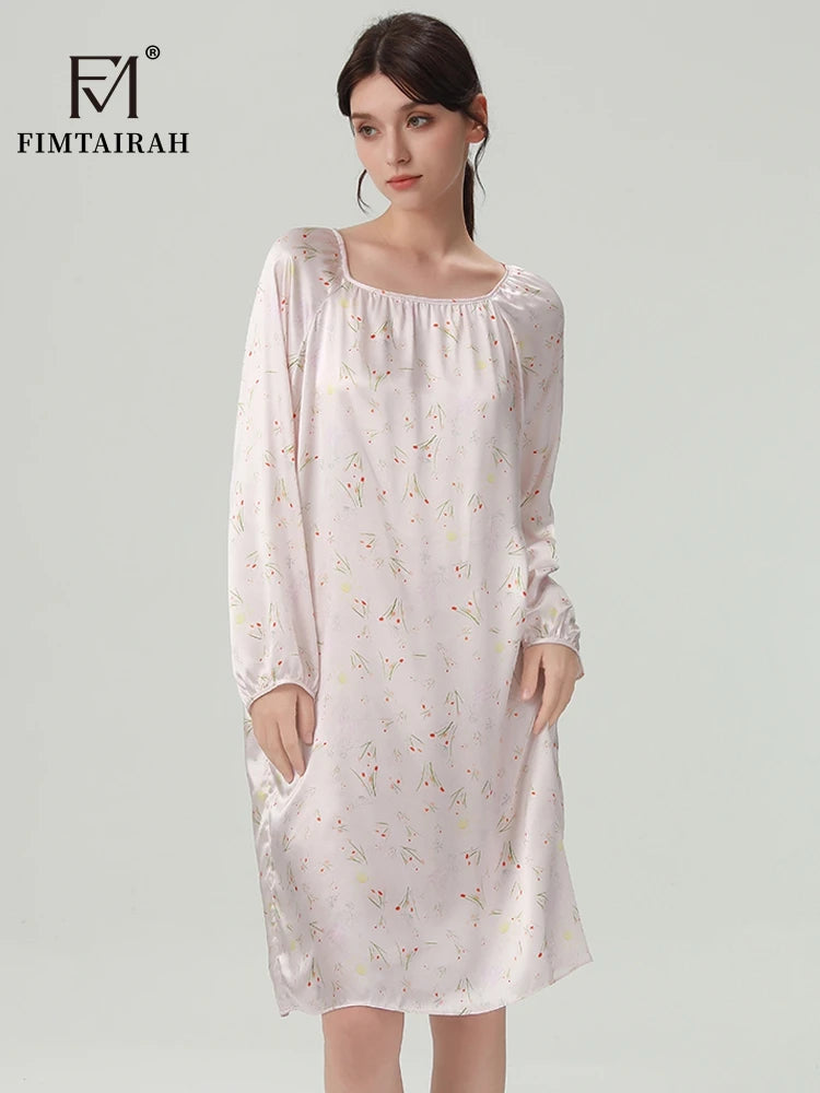FIMTAIRAH 6A 19MM Silk Nightgown, long pajamas, long-sleeved silk high-end round-neck home wear Dress Night