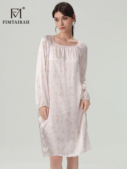 FIMTAIRAH 6A 19MM Silk Nightgown, long pajamas, long-sleeved silk high-end round-neck home wear Dress Night