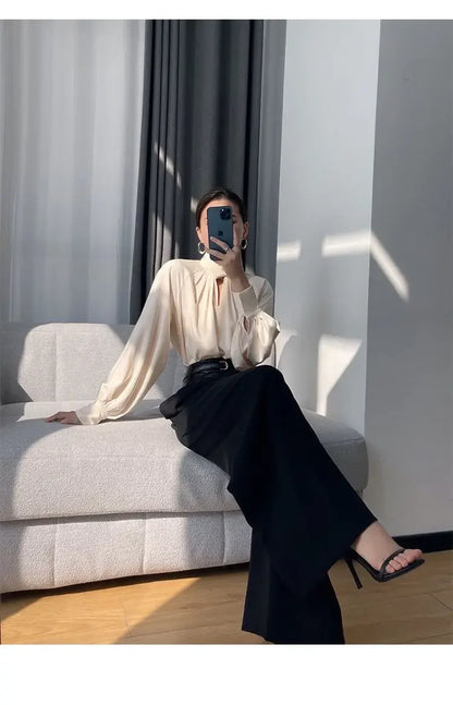 Women's Korean Fashion Hollow Ruffled Elegant Blouse Office Lady Stand Collar Business Casual Shirt Long Sleeve Solid Loose Tops
