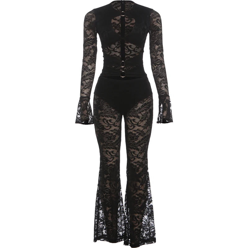 Nibber See Through Jumpsuits Woman Metal Rings Patchwork Hollow Design Sexy Full Sleeve Midnight Club Party Wild Style Overalls