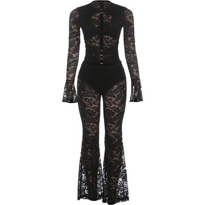 Nibber See Through Jumpsuits Woman Metal Rings Patchwork Hollow Design Sexy Full Sleeve Midnight Club Party Wild Style Overalls