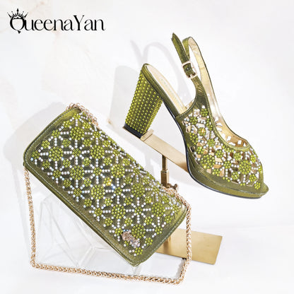 Queena Yan Popularity Olive Color Rhinestone Decoration Design Peep Toe Party Wedding Women High Heels and Bag Set