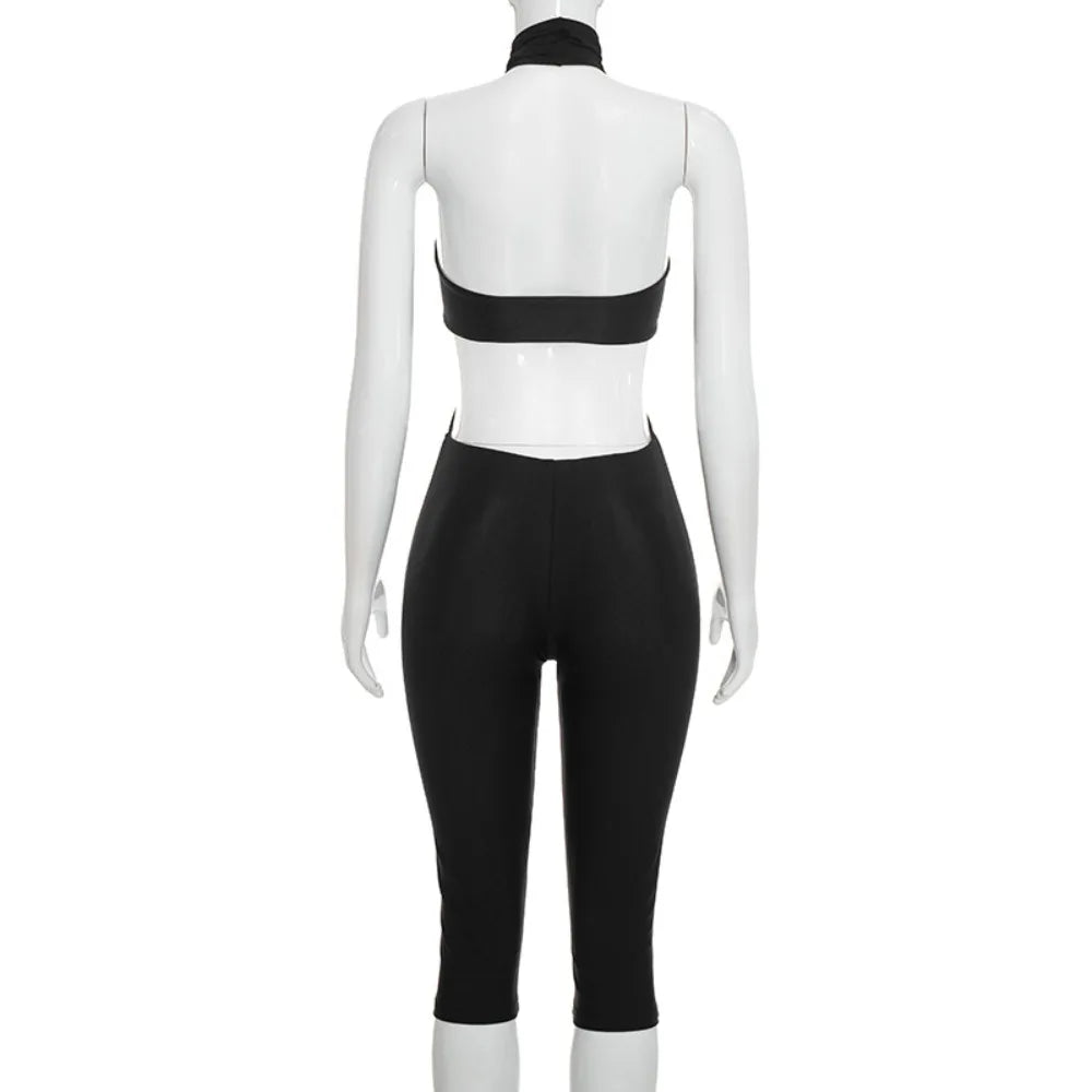 FLARORA Sexy Hollow Out Jumpuits Woman Metal Ring Decoration Halter Sleeveless Backless Skinny Rompers Midnight Party Clubwear
