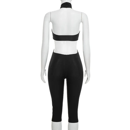 FLARORA Sexy Hollow Out Jumpuits Woman Metal Ring Decoration Halter Sleeveless Backless Skinny Rompers Midnight Party Clubwear