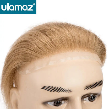 Full Lace V Style Shape Men's Front Hairline Natural Hairpiece Male Forehead Hairline Lace Pu Frontal Hair Patch For Men Blonde