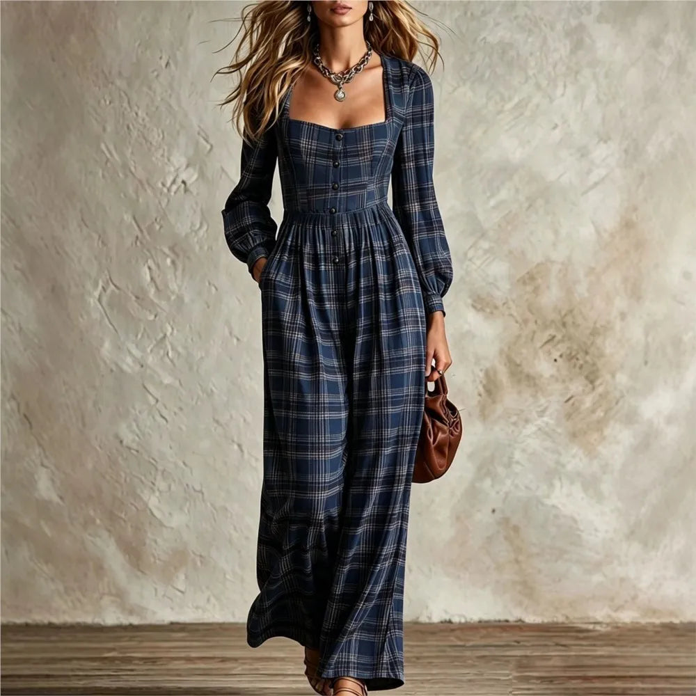 Women's Fashion Square Neck Retro Plaid Long Sleeve Jumpsuit Autumn New Waist Single Breasted Pocket Wide Leg Female Rompers2026