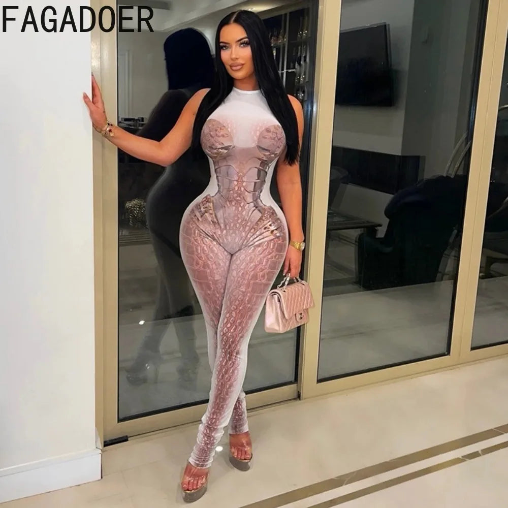 FAGADOER Fashion Scale Printing Patchwork Bodycon Jumpsuits Woman See Through Sleeveless Rompers Female Streetwear Overalls New