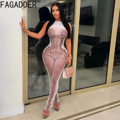 FAGADOER Fashion Scale Printing Patchwork Bodycon Jumpsuits Woman See Through Sleeveless Rompers Female Streetwear Overalls New