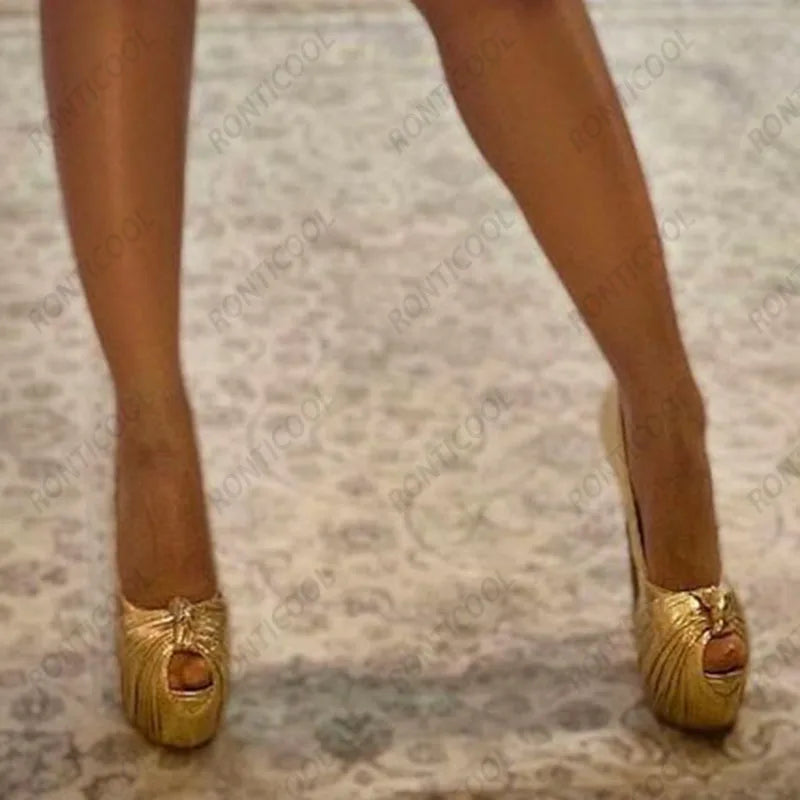 Ronticool New Fashion Women Platform Pumps Stiletto Heels Peep Toe Gorgeous Gold Party Shoes US Plus Size 5-20
