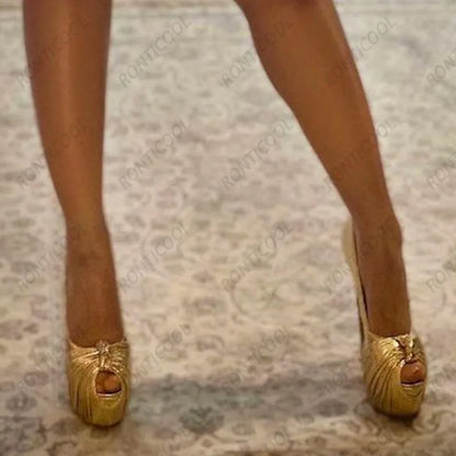 Ronticool New Fashion Women Platform Pumps Stiletto Heels Peep Toe Gorgeous Gold Party Shoes US Plus Size 5-20