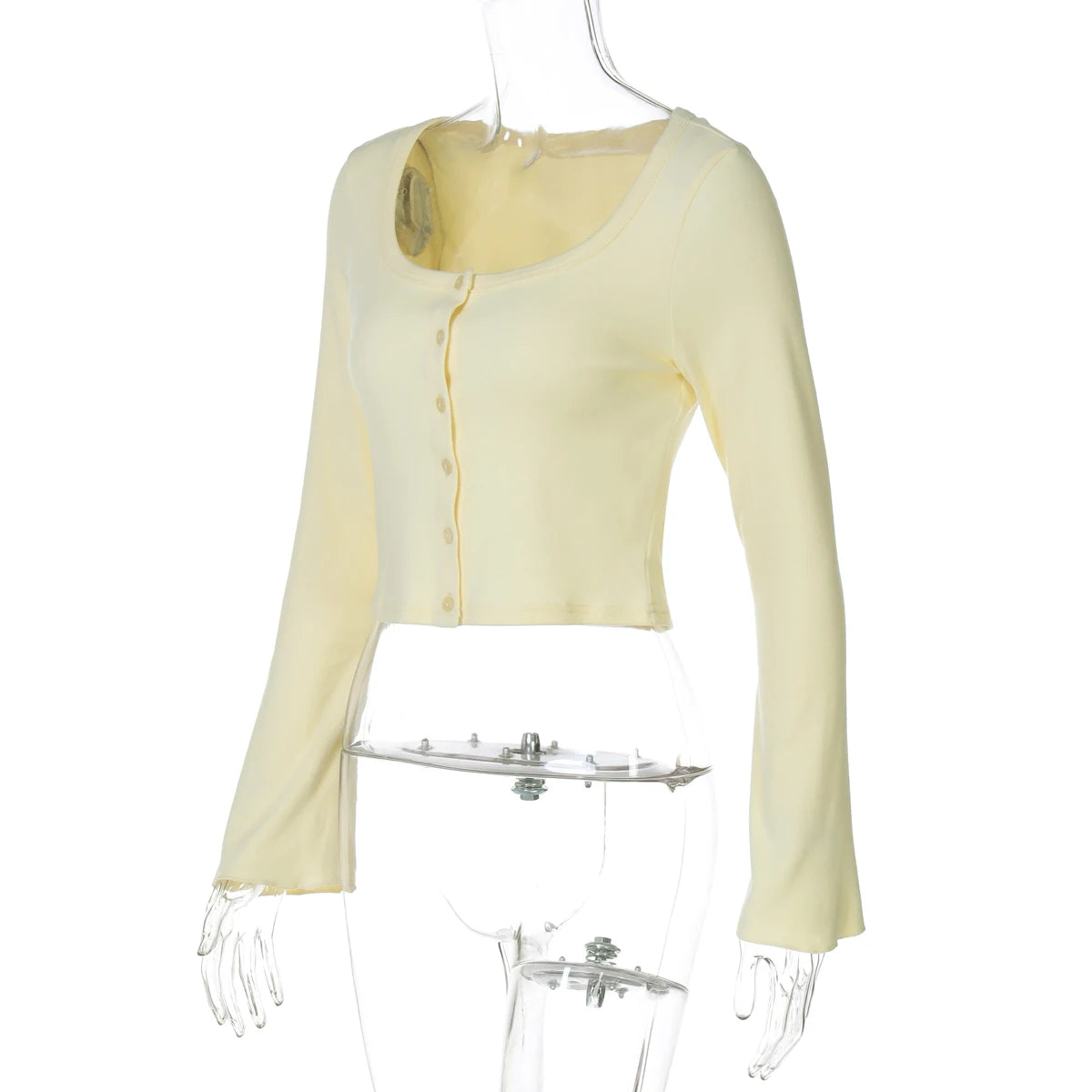 Hugcitar Fashion Square Collar Solid Long Flare Sleeve Buttons Sexy Crop T-Shirt Top Fall Women Outfit Streetwear Party Festival
