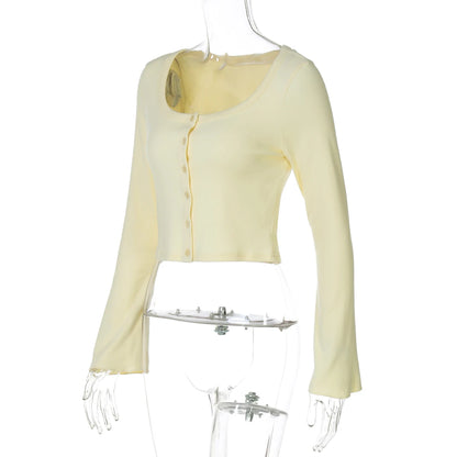 Hugcitar Fashion Square Collar Solid Long Flare Sleeve Buttons Sexy Crop T-Shirt Top Fall Women Outfit Streetwear Party Festival