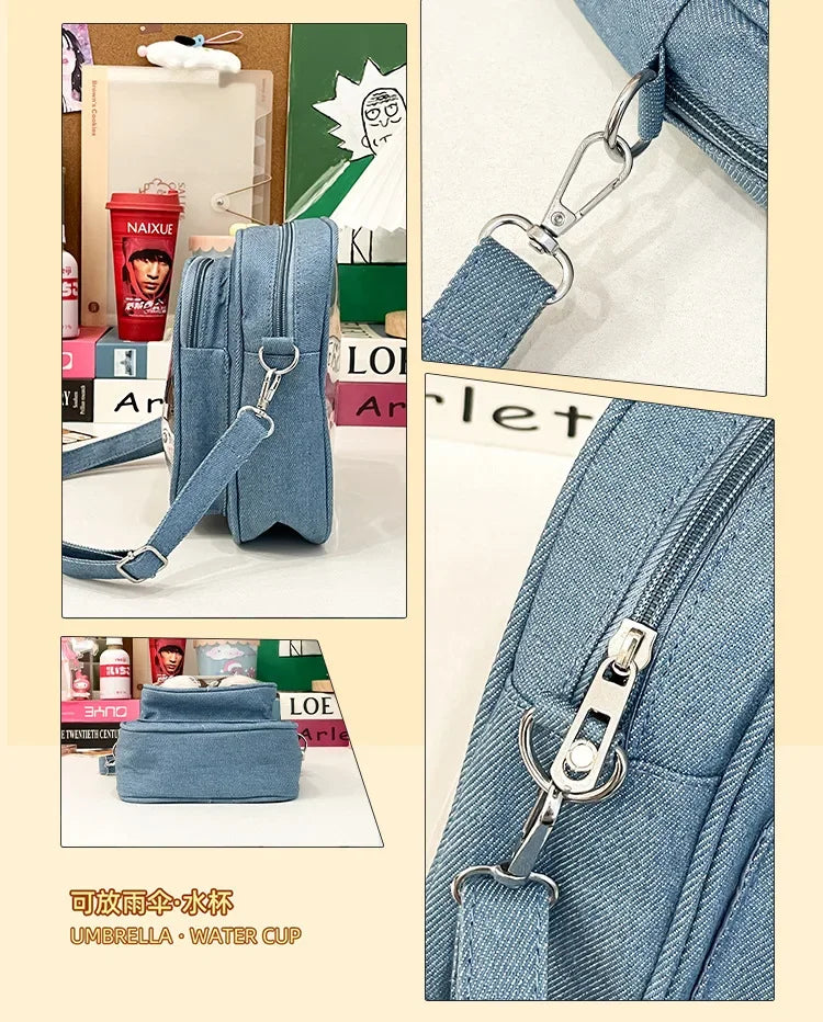 New Denim Ulzzang Ita Bags Female Transparent Badge Doll Show Crossbody Shoulder Bag Individuality Designer 2 Sides Bolso Mujer