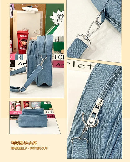 New Denim Ulzzang Ita Bags Female Transparent Badge Doll Show Crossbody Shoulder Bag Individuality Designer 2 Sides Bolso Mujer