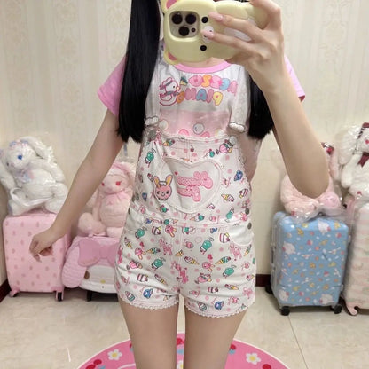 Japanese Cartoon Mp Embroidery Cute Core Daughter Clothing Sweet Girl Strap Shorts Summer New Rompers Womens Y2k Jumpsuit