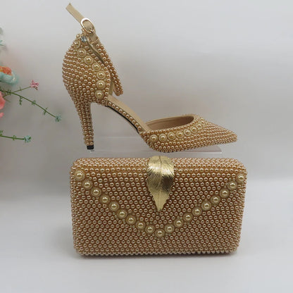 Champagne Pearl Wedding Bridal Shoes Woman Fashion Thin Heel Party Dress Shoe Lace-up Pointed Toe High Handmade Ankle Strap Shoe