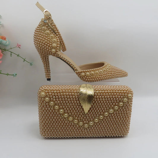 Champagne Pearl Wedding Bridal Shoes Woman Fashion Thin Heel Party Dress Shoe Lace-up Pointed Toe High Handmade Ankle Strap Shoe