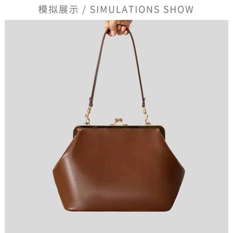 2026 Retro Leather & Straw Woven Bag – Kiss Lock Frame Shell Clutch, Large Capacity Shoulder Tote for Commute Beach Evening