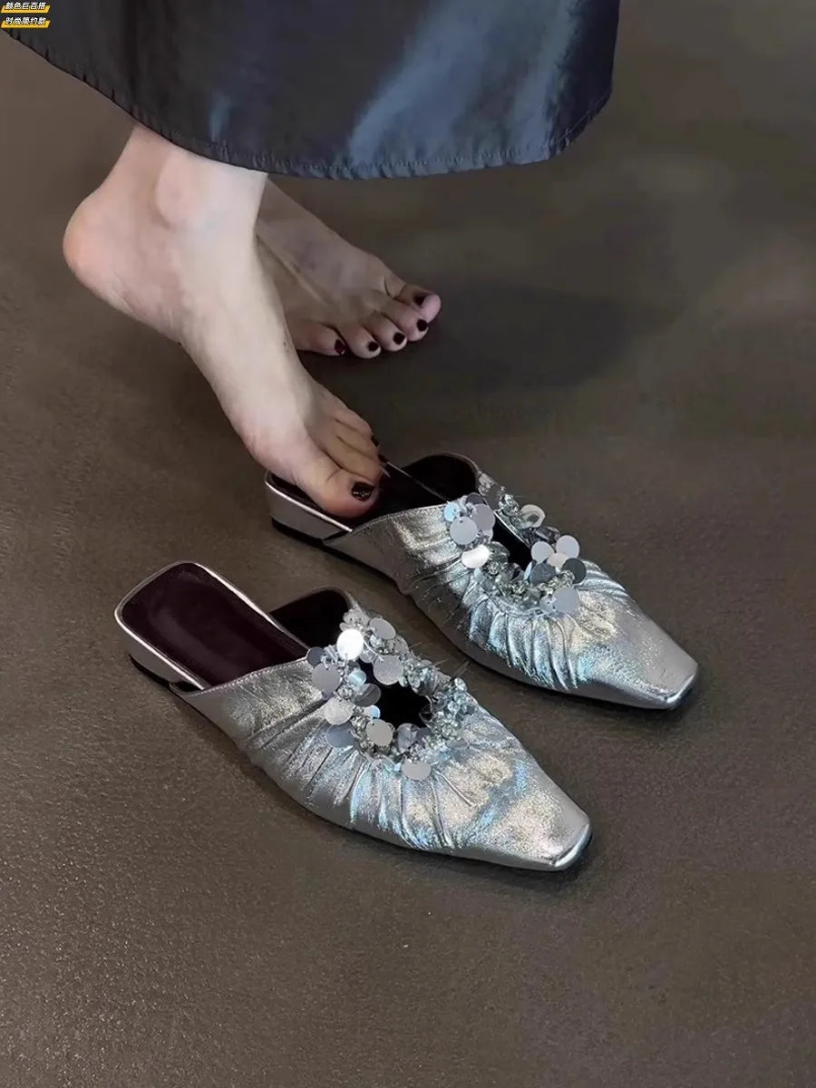 Women Mules Shoes Bling Flats Square Toe Slippers Elegant New 2025 Summer Sandals Dress Party Luxury Woman Slingback Shoes Mujer