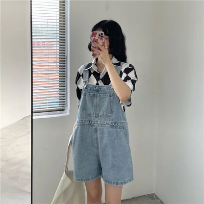 Women's Denim Overalls Short Trousers Wide Leg Loose Fit Thin Jumpsuit Korean Style for Petite Ladies Casual Clothing