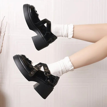 Mary Jane Shoes 2026 New Punk Metal Block Heel Platform Women's Shallow Mouth Buckle Single Shoes
