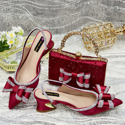 Elegant Gold Satin Rhinestone Bow Slingback Heel & Clutch Bag Set, Women Bridal Matching Kit For Wedding Party Evening Prom Form