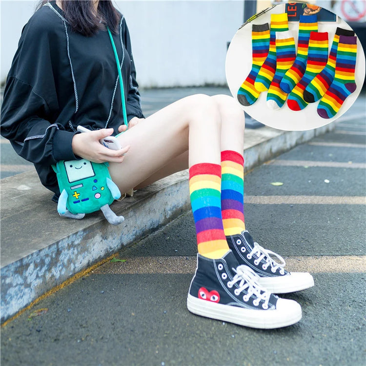 Rainbow Striped Socks Colorful Fashion Women Middle Tube Long Socks Trendy Candy Colors Breathable Cotton Casual Sport Socks New
