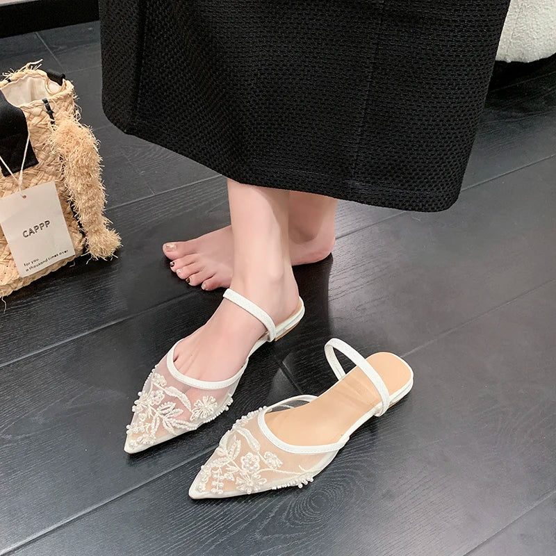 Pearl Bead Embroidery Lace Slingback Shoes Woman Luxury Floral Silk Gauze Low Heel Mules Ladies Elegant Evening Party Dress Shoe